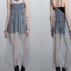 ✨ Free People Rare Beaded 1920s Flapper Dress Lace Embroidery Boho Overlay Large